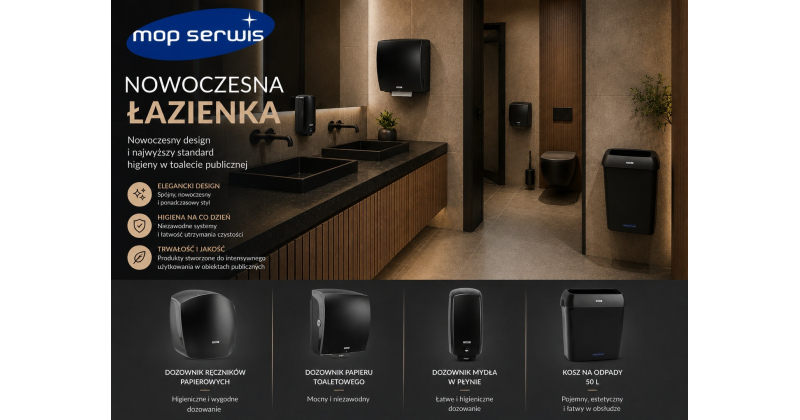 Nowoczesna toaleta publiczna z czarnymi dozownikami, koszem na odpady i eleganckim wyposażeniem higienicznym Mop Serwis