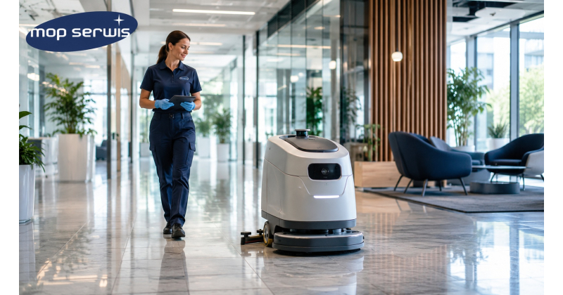 Robot sprzątający dla firm podczas autonomicznego mycia podłogi