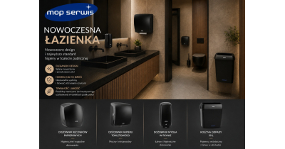 Nowoczesna toaleta publiczna z czarnymi dozownikami, koszem na odpady i eleganckim wyposażeniem higienicznym Mop Serwis